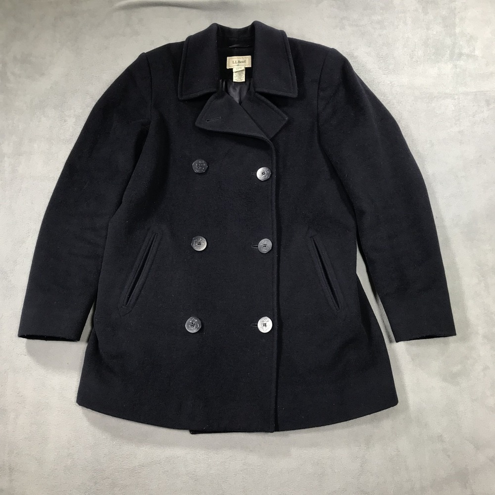LL Bean Wool Pea Coat Women's 8 Navy Blue Double Breasted Preppy Nautical Button